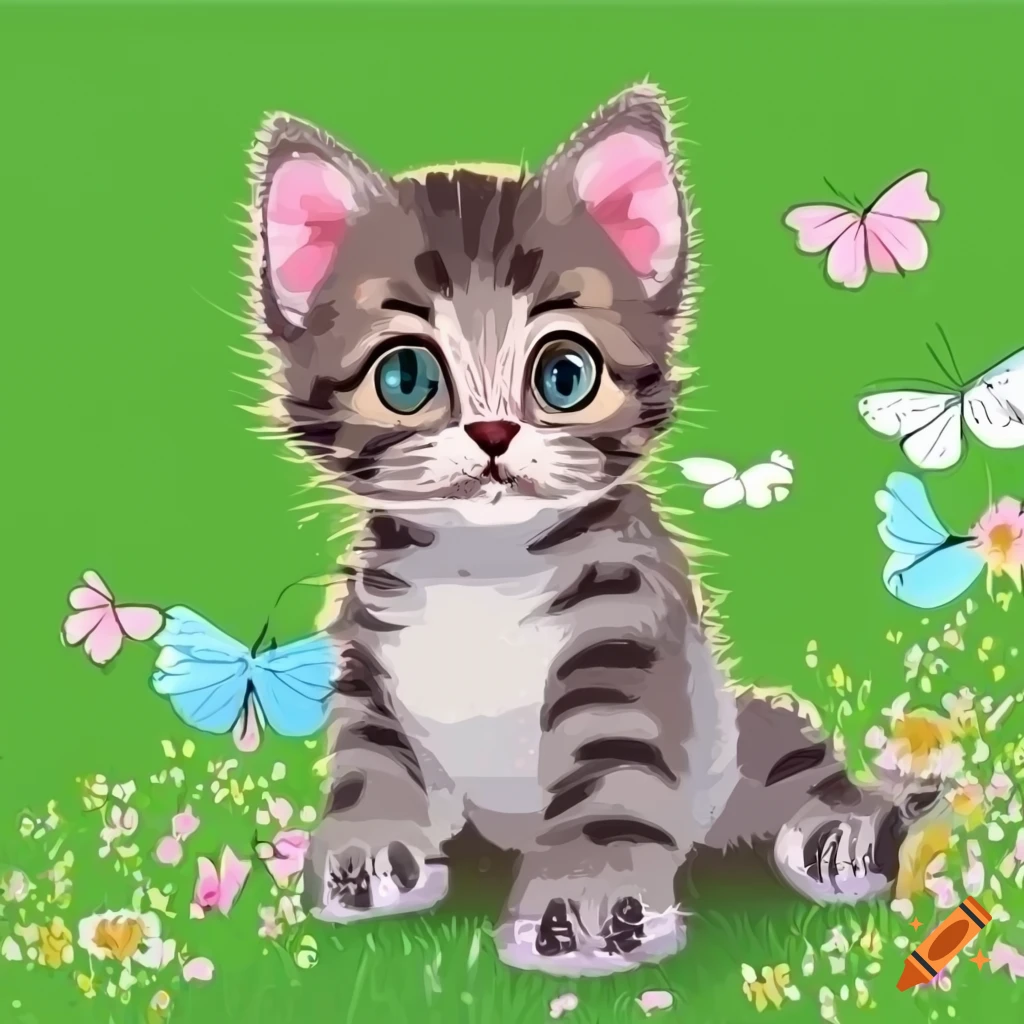 illustration of a happy gray tabby kitten in a flowery meadow