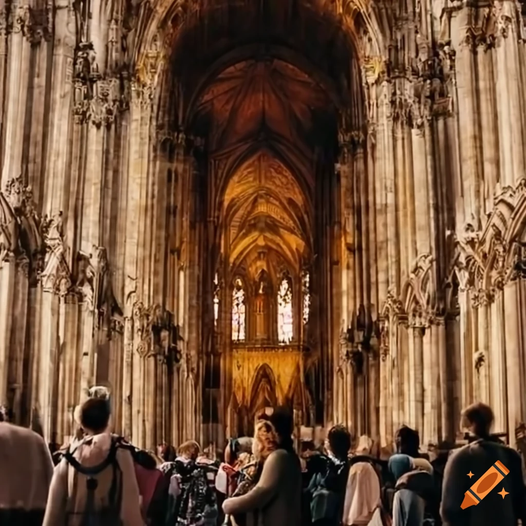 tourists in front of a cathedral in a town