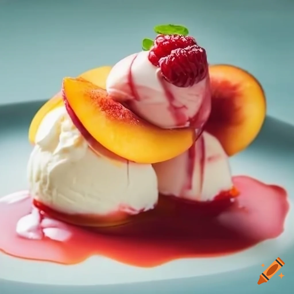 Peach Dessert With Raspberry Sauce And Vanilla Ice Cream On Craiyon peach-dessert-with-raspberry-sauce-and-vanilla-ice-cream-on-craiyon