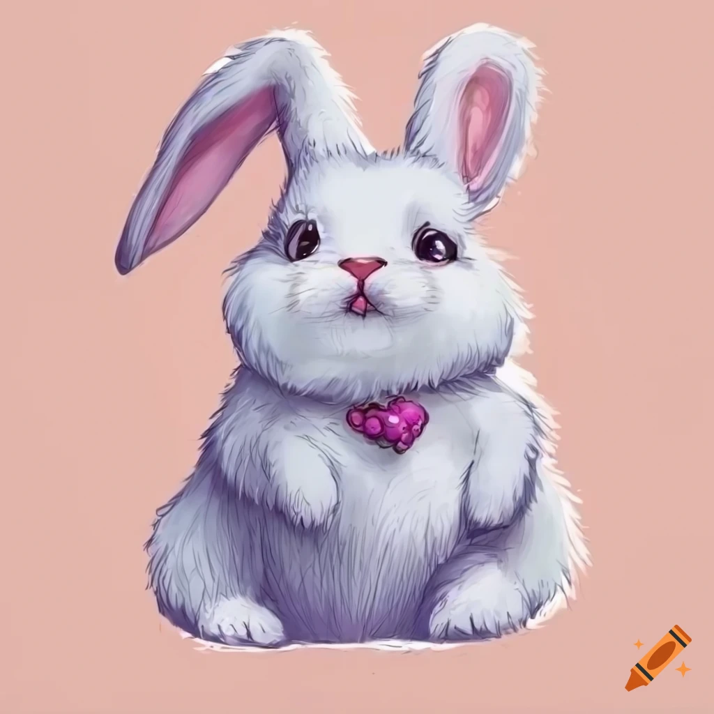 Drawing of a cute white bunny with round belly and beautiful fur
