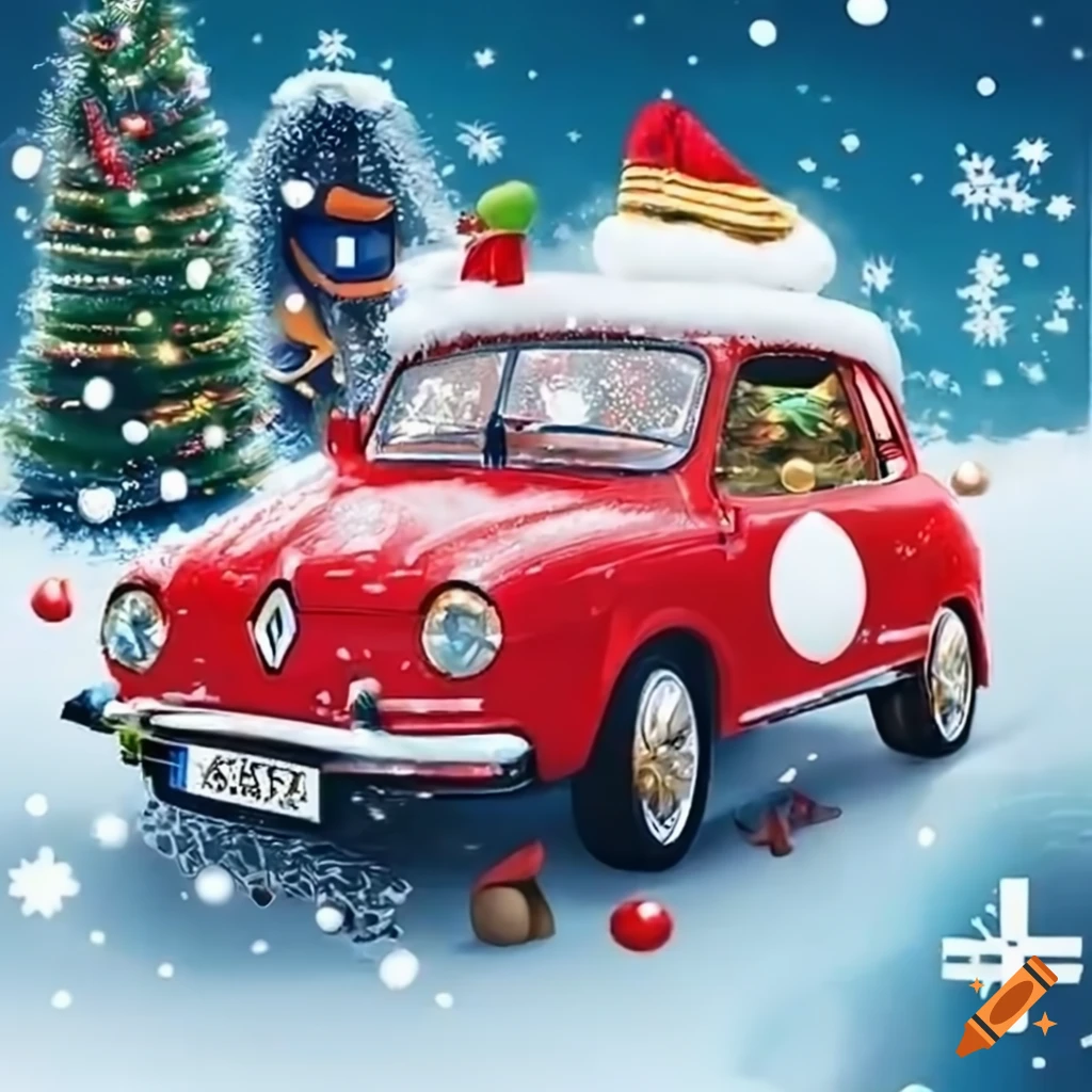Christmas poster with Renault cars and decorations