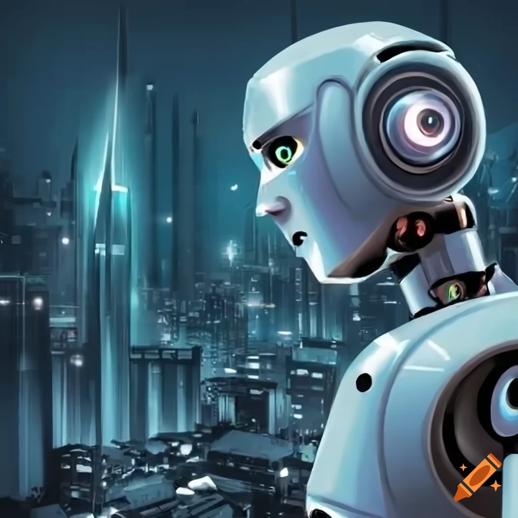 futuristic robot in a city background