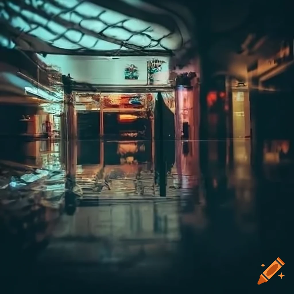 gloomy and messy interior of a mall