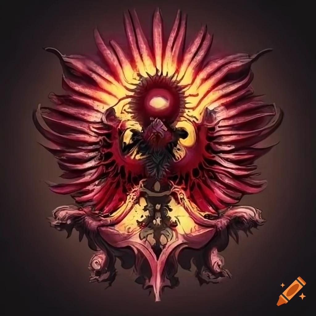 coat of arms with rising sun and dark red orchids