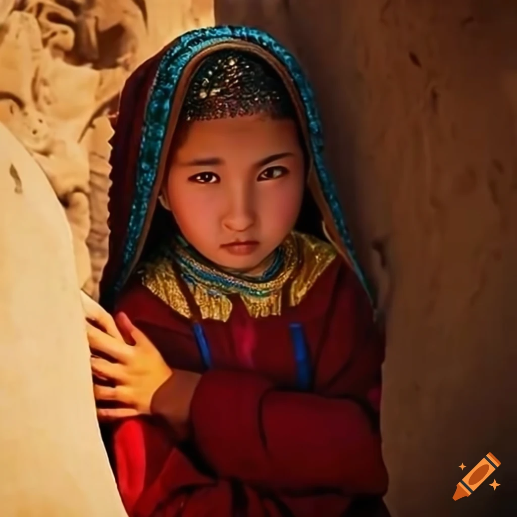 portrait of a Hazara girl in front of Bamiyan Buddha