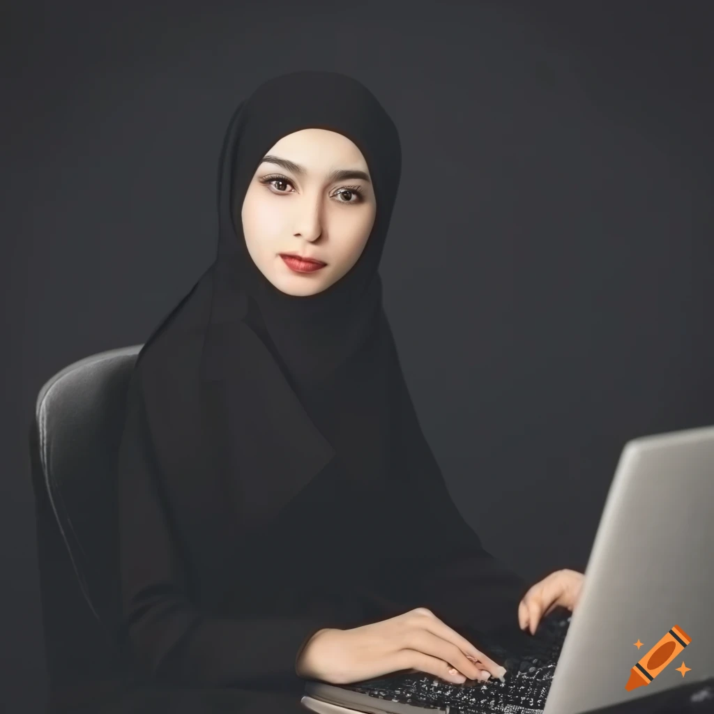 professional hijab-wearing woman at desk with computer