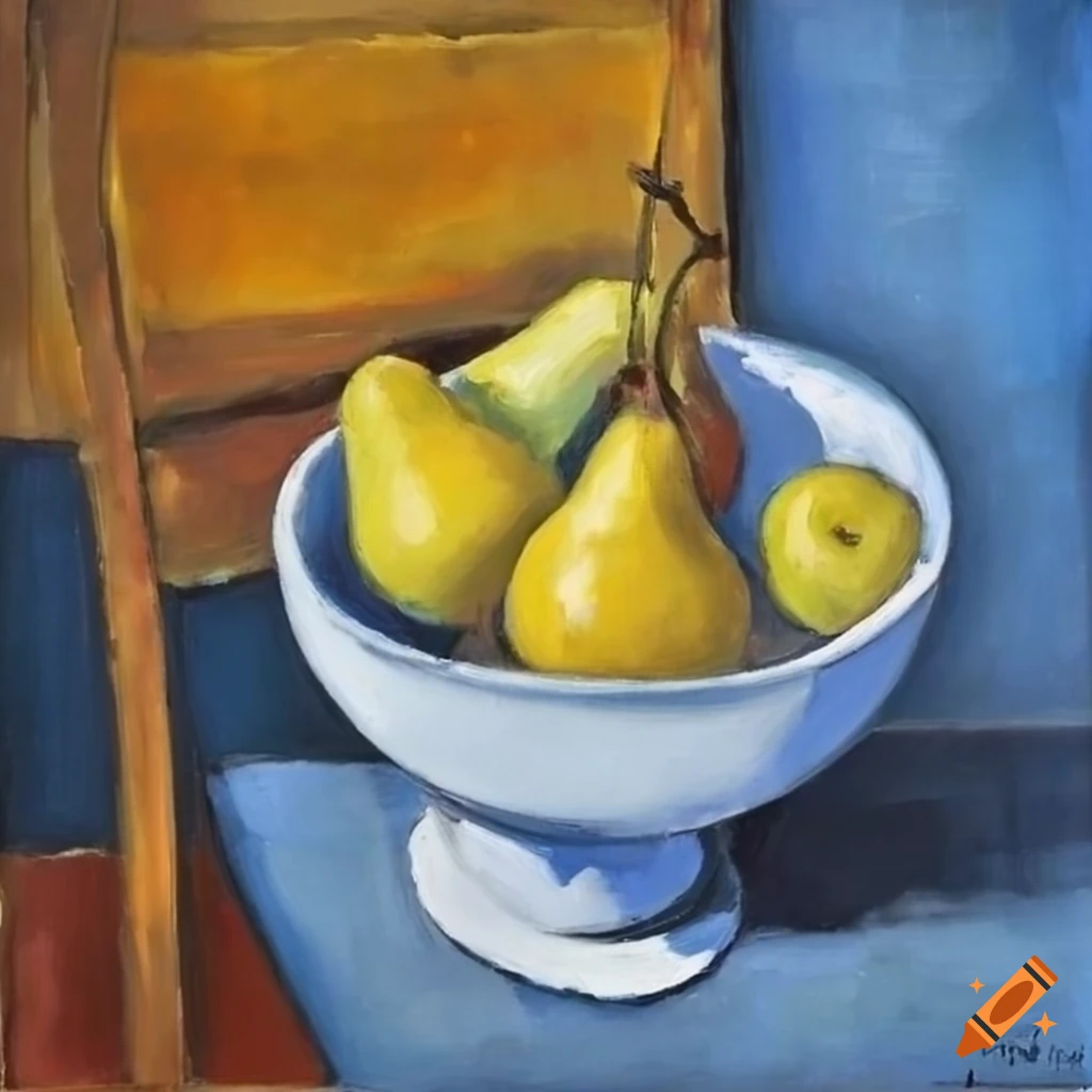 Modigliani oil painting of pears and cherries on blue background