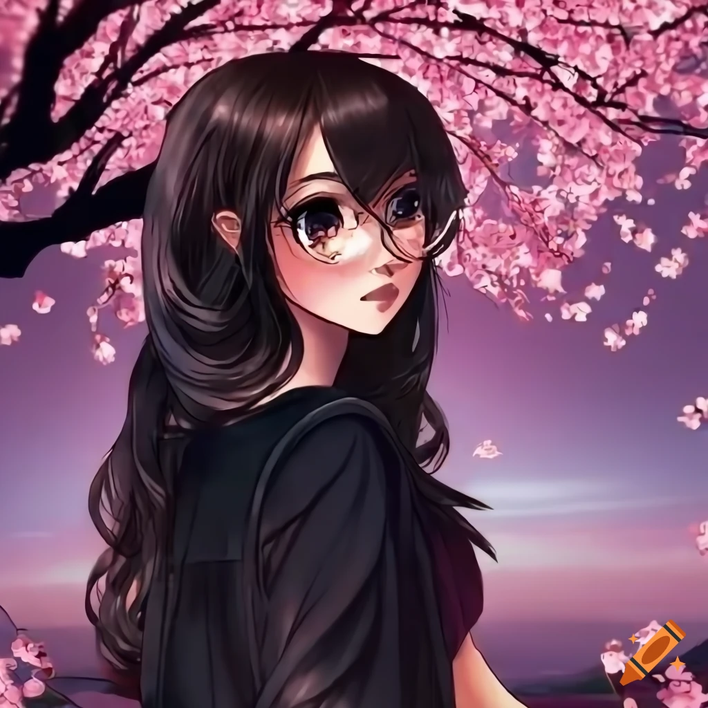 anime-style girl sitting under cherry blossom tree