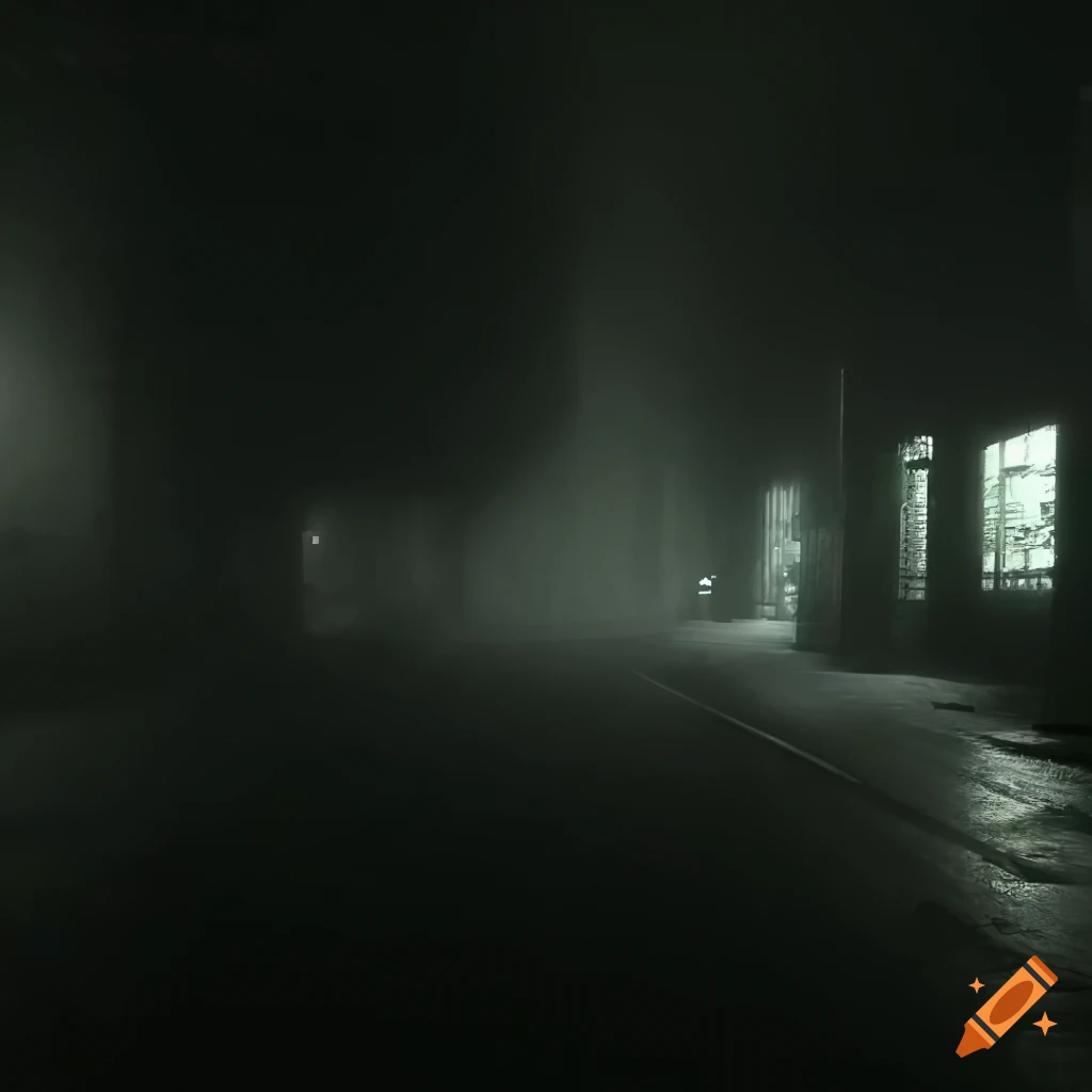 photo of a dark and foggy city street at night