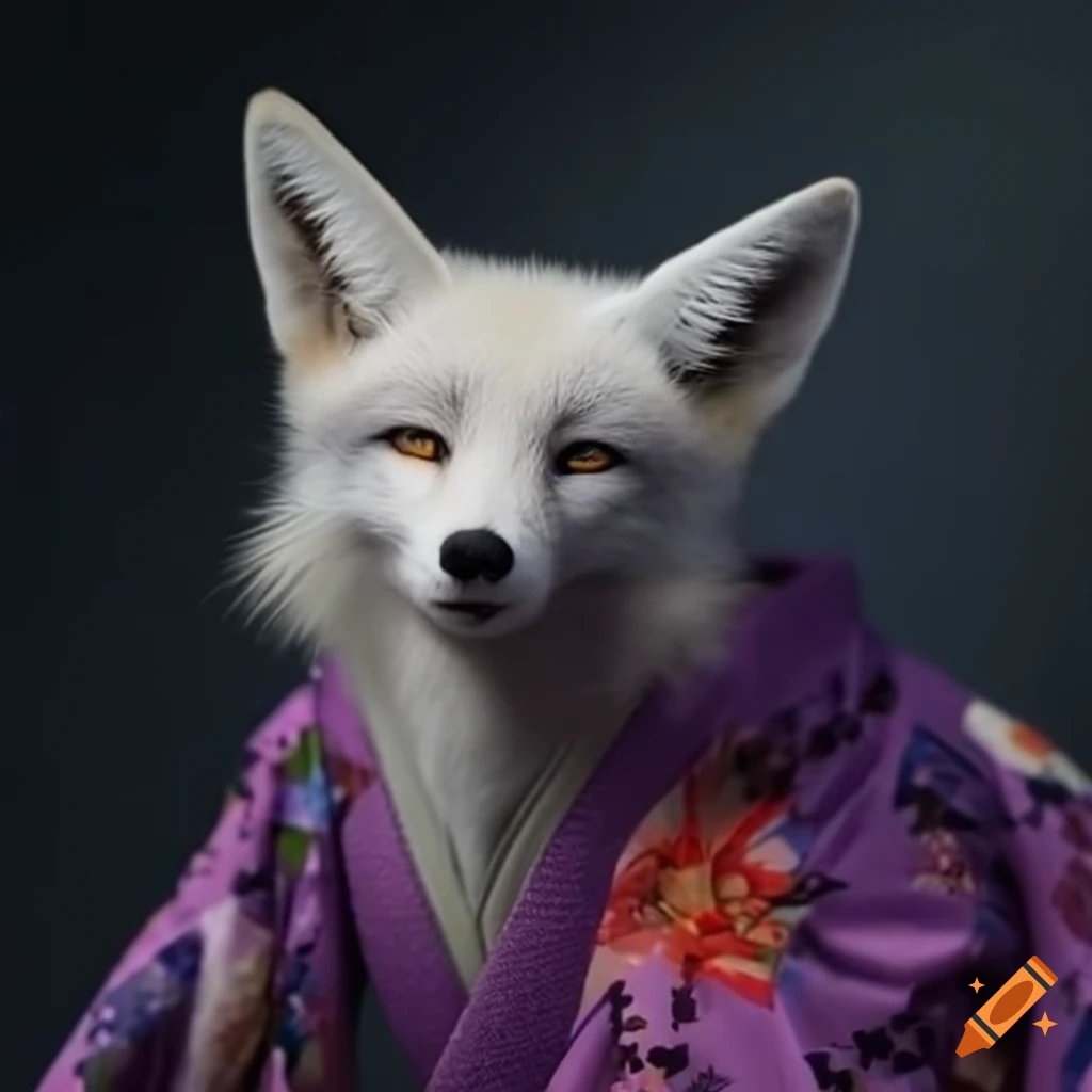 white fox in a beautiful kimono