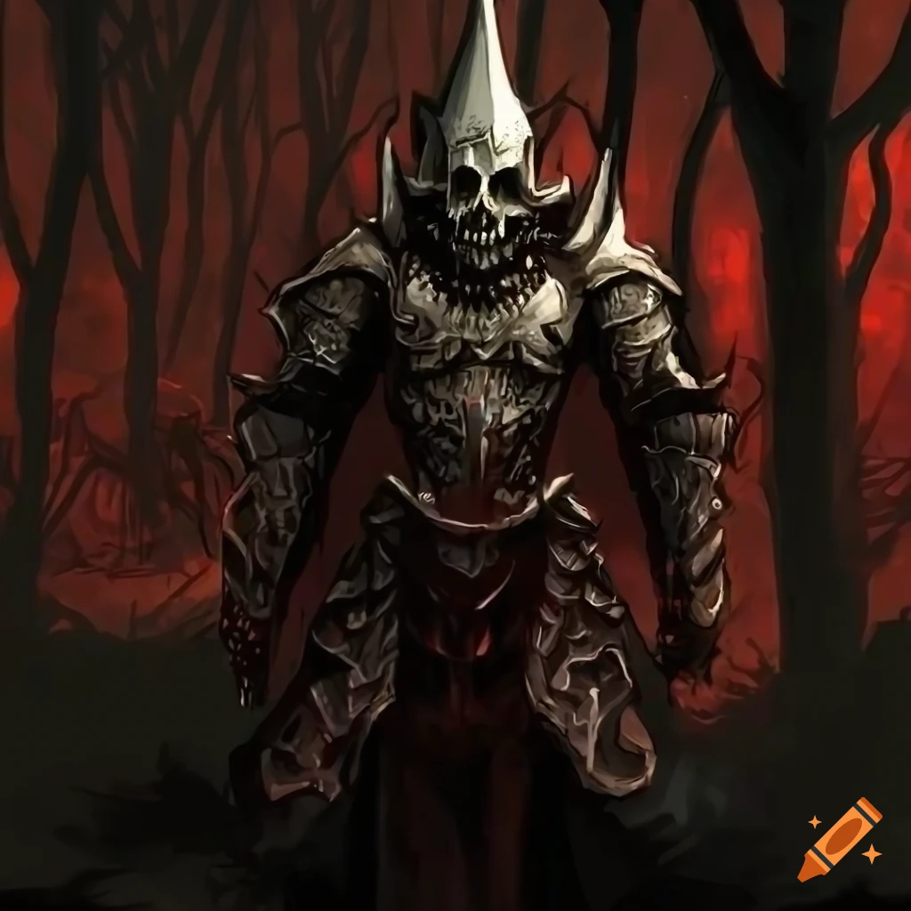 dark fantasy artwork of a demon skull knight in the forest