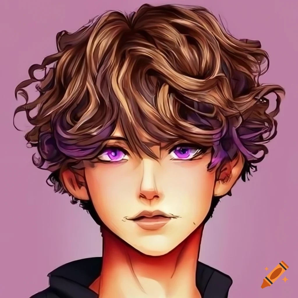cool male character with brown curly hair and purple eyes