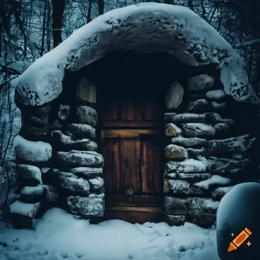 Forst Grotto Dark vintage picture of a stone grotto in a snow forest
