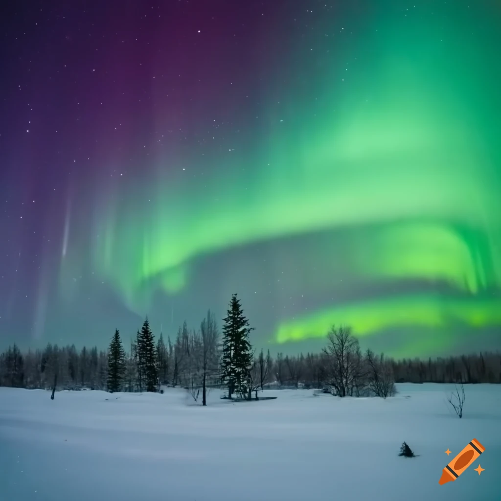 Northern lights over snowy landscape