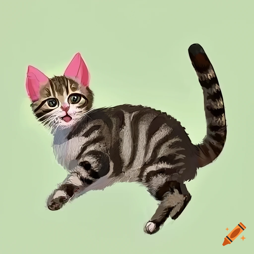 illustration of a happy gray tabby kitten in a flowery meadow