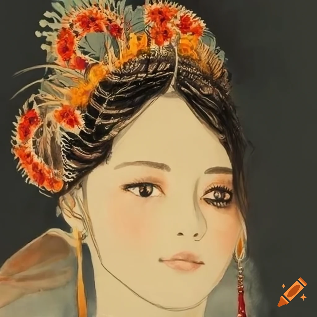 Portrait of a woman with flowering plant earrings on Craiyon