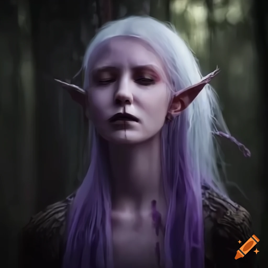 Image of a mysterious lavender-skinned elf in a dark forest on Craiyon
