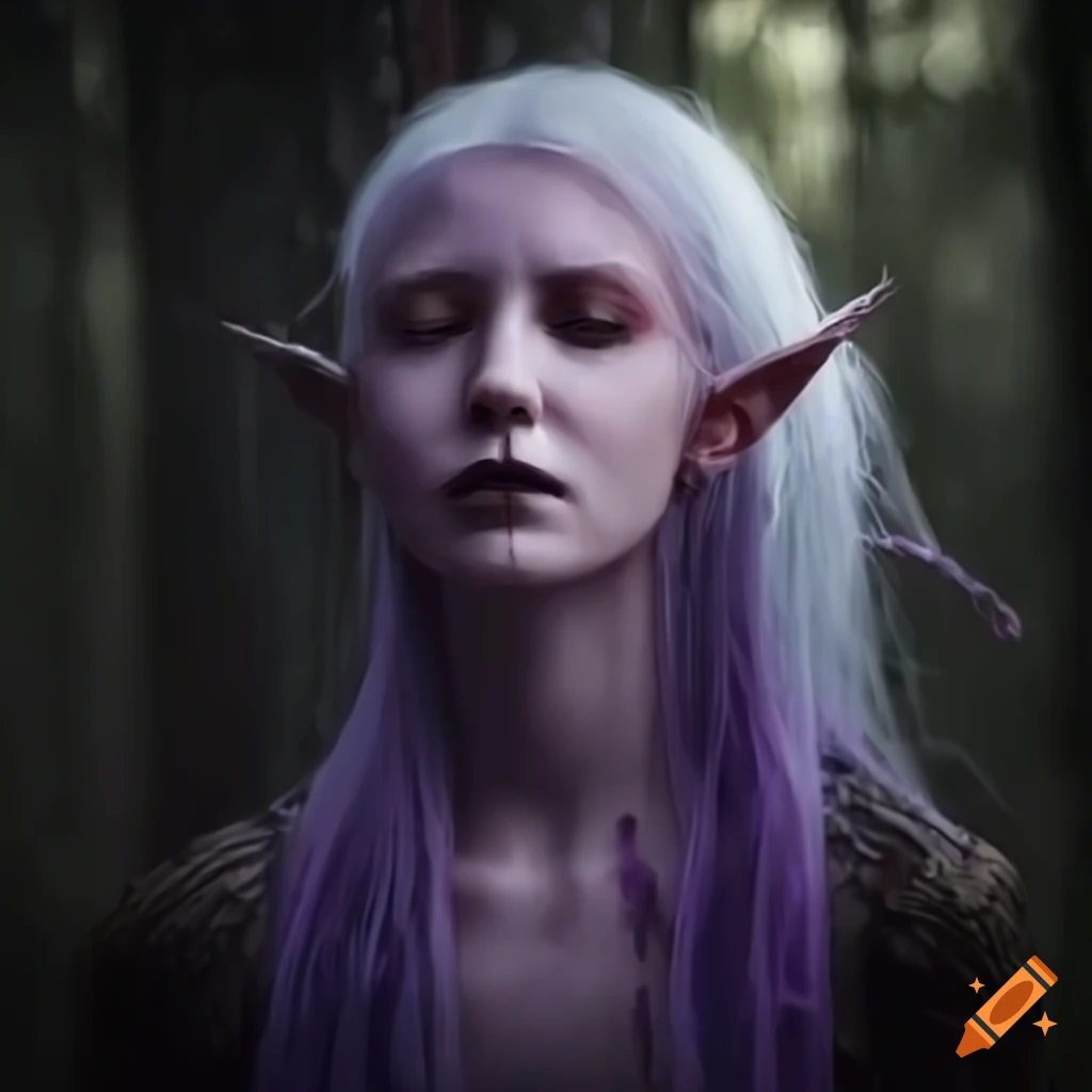 Image Of A Mysterious Lavender-skinned Elf In A Dark Forest On Craiyon