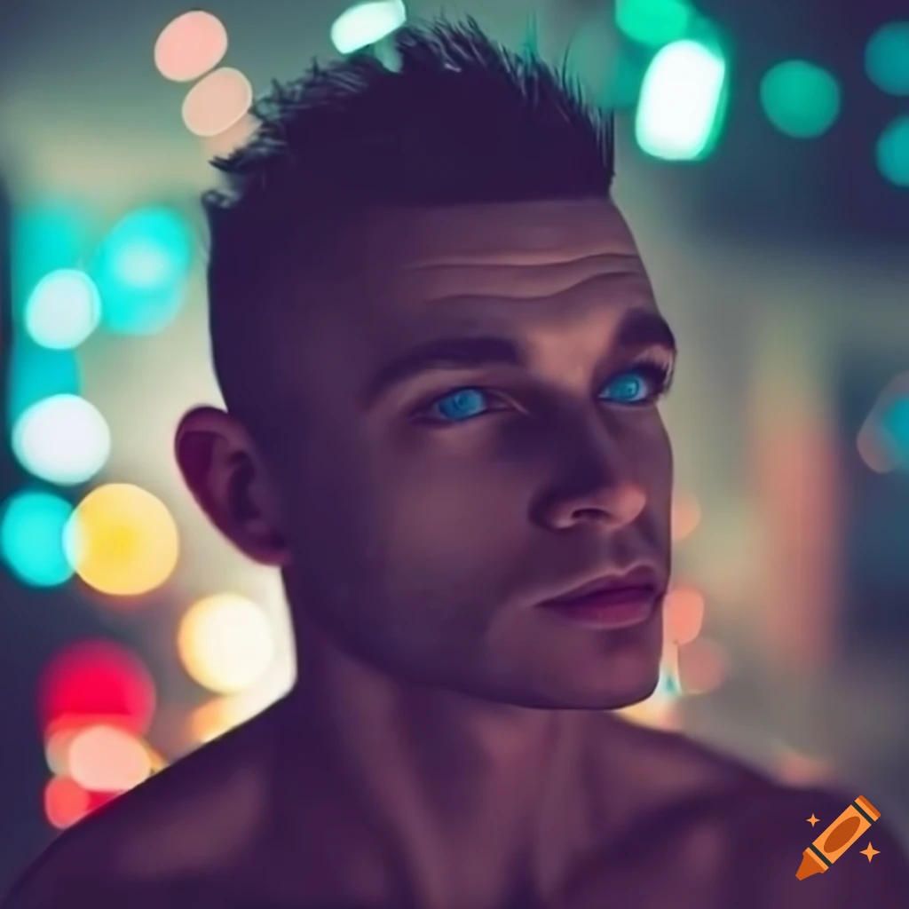 muscular man with Brown Mohawk, cyberpunk background