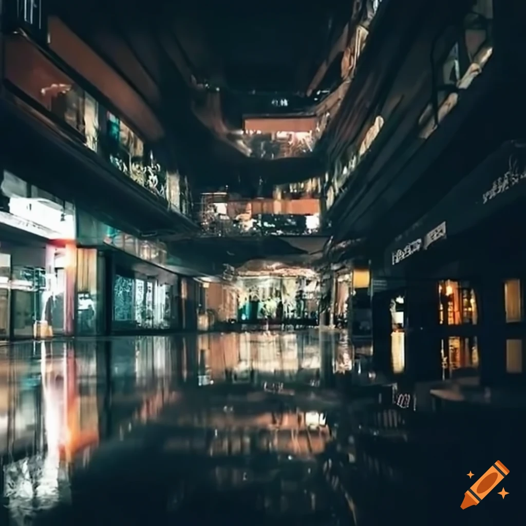 gloomy and cluttered interior of a mall