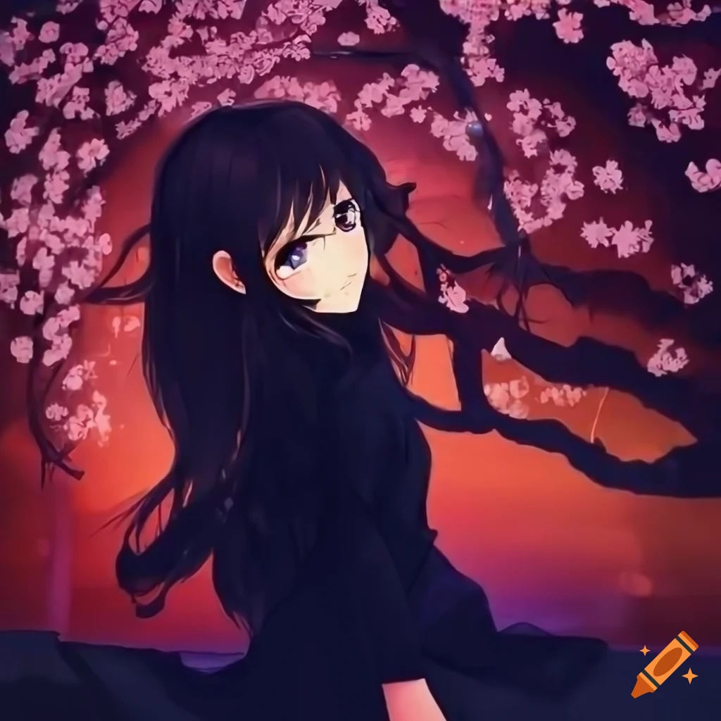 Anime girl with black hair and a red sweater. 19054999 Vector Art