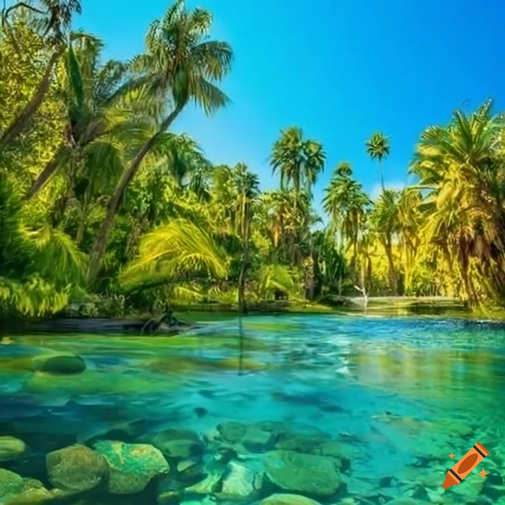 Tropical paradise with water springs and palm trees on Craiyon