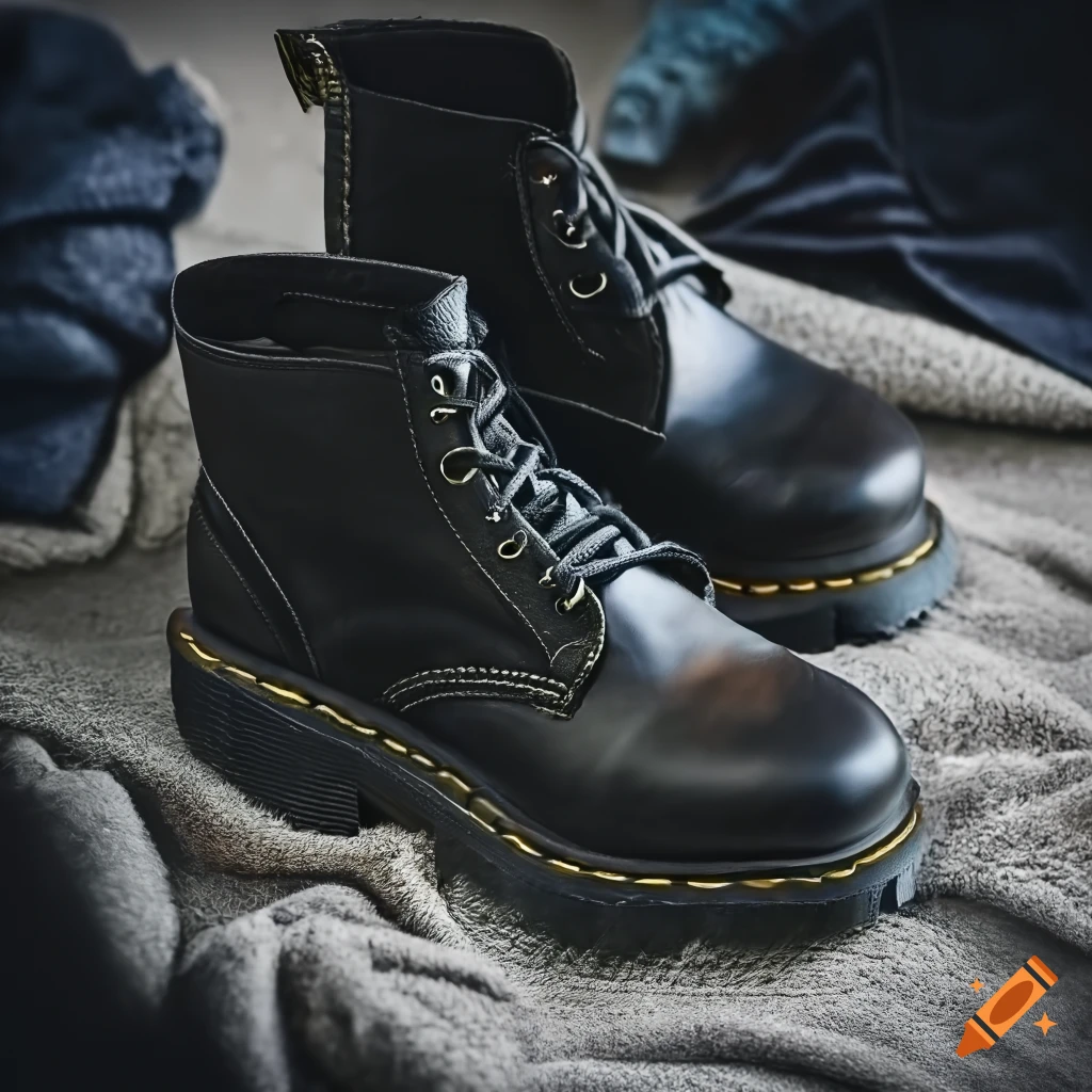 Close-up of dirty black steel-capped boots on a cozy blanket
