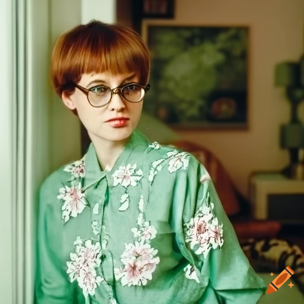 Woman With Short Hair And Glasses In Green Floral Shirt On Craiyon 