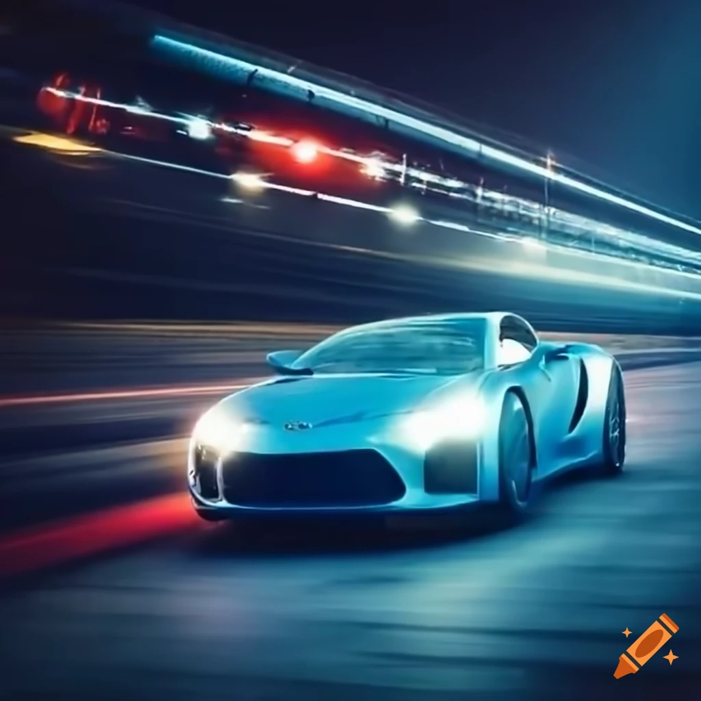 Night race with speeding sports cars under stadium lights on Craiyon