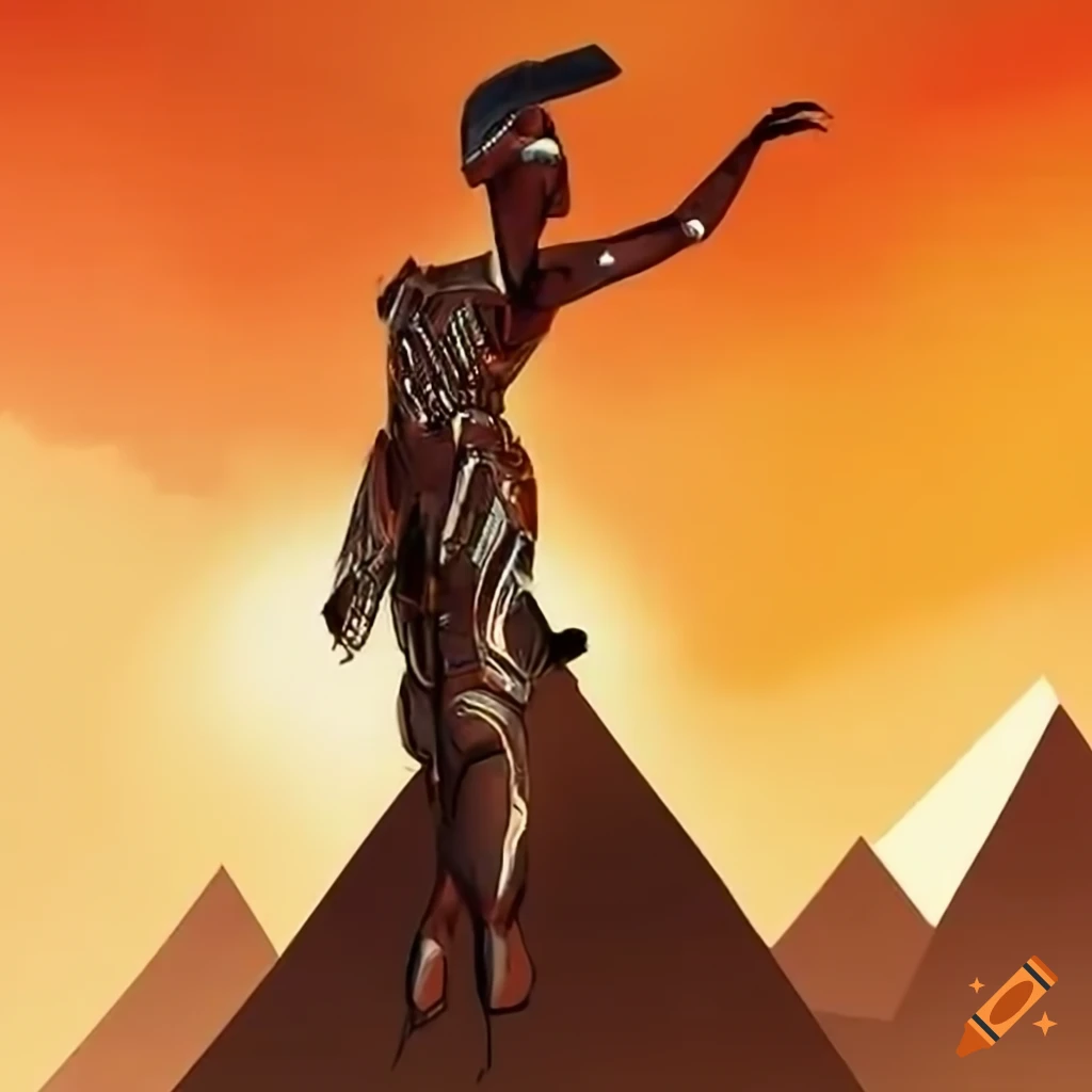 futuristic African woman flying above pyramids