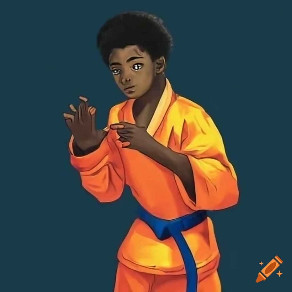 African American teenager doing karate in an orange jumpsuit