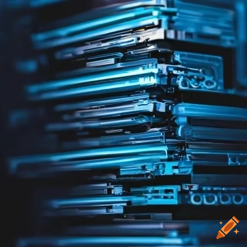 stack of hard disk drives in a data center