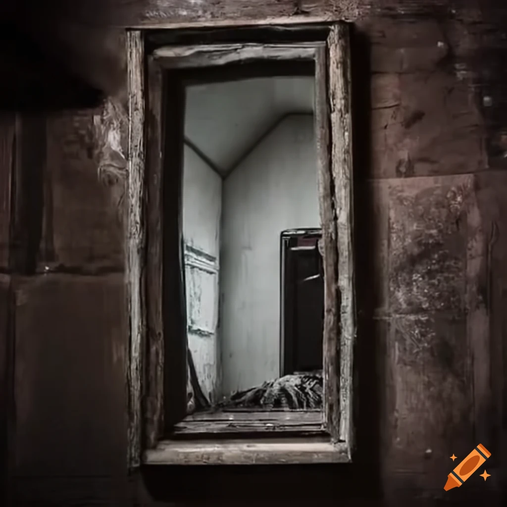 Creepy mirror showing dark parallel universe on Craiyon