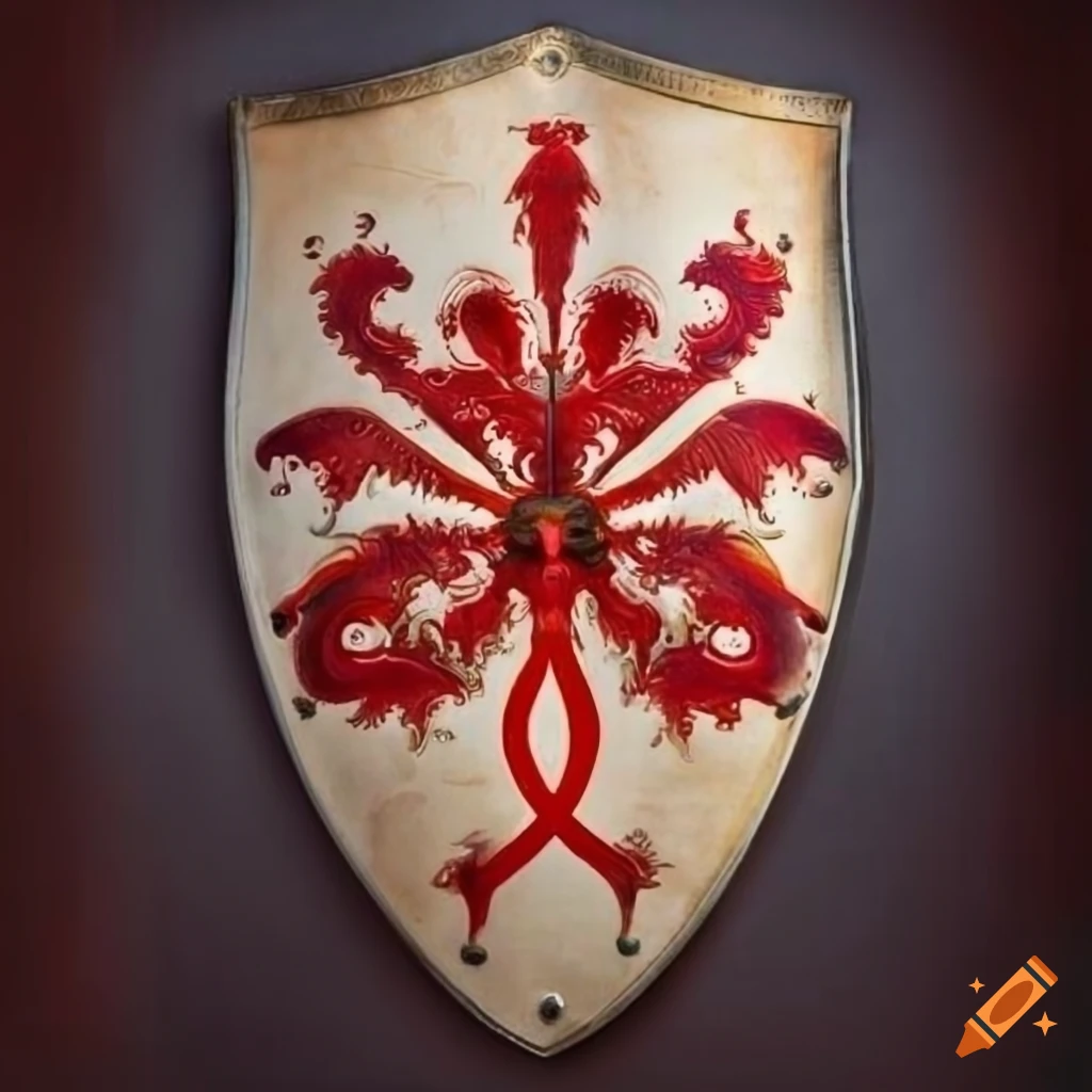 Family crest with green sun over a red clay background with a
