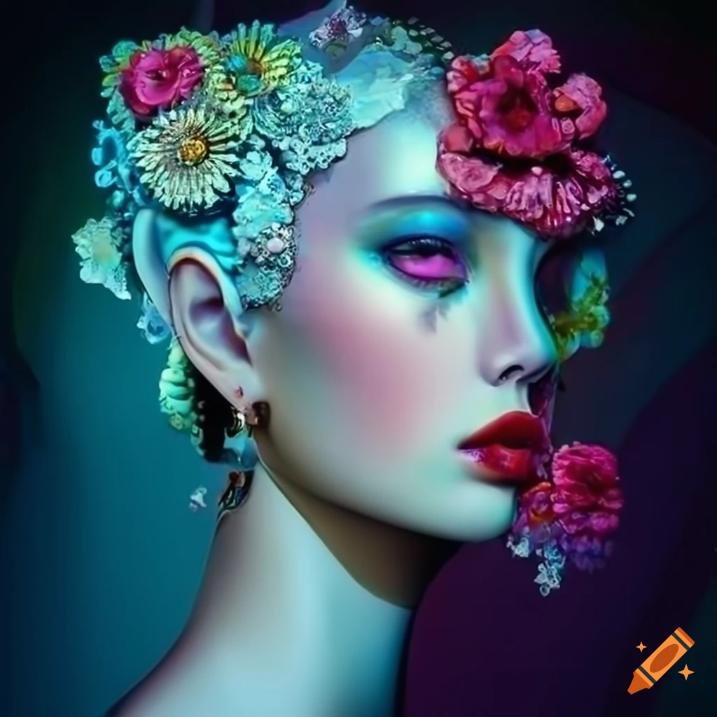 fashion illustration with floral earrings and abstract details