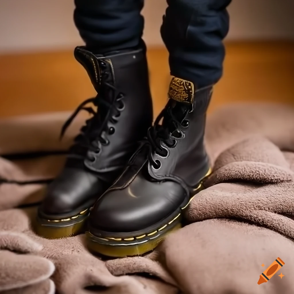 Photo-realistic close-up of black steel-cap boots on a cozy blanket