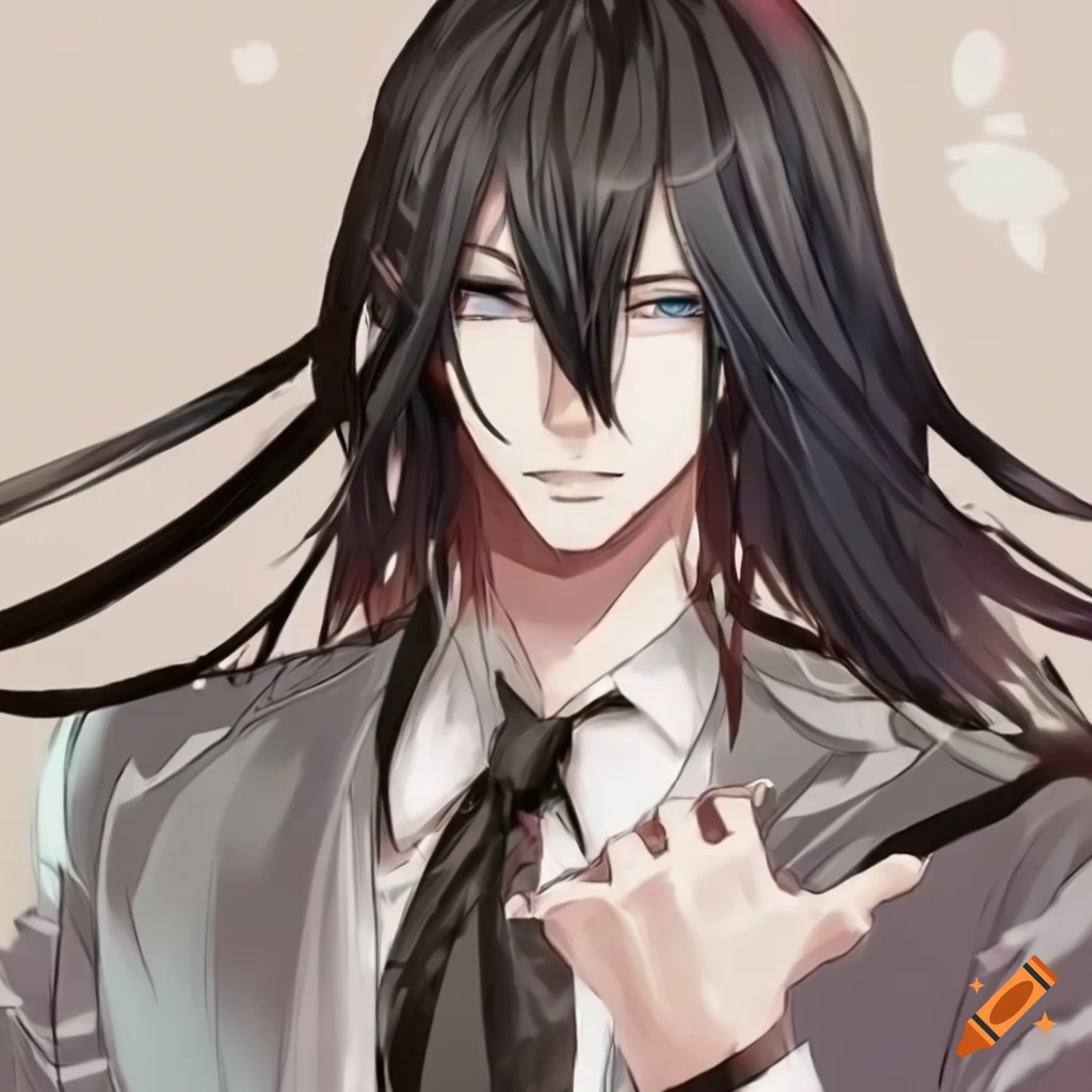 Anime male character with long black hair and pink eyes on Craiyon