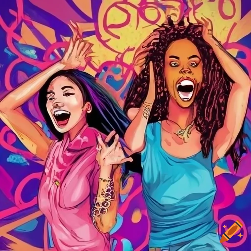 Comic illustration of three diverse women having fun on Craiyon