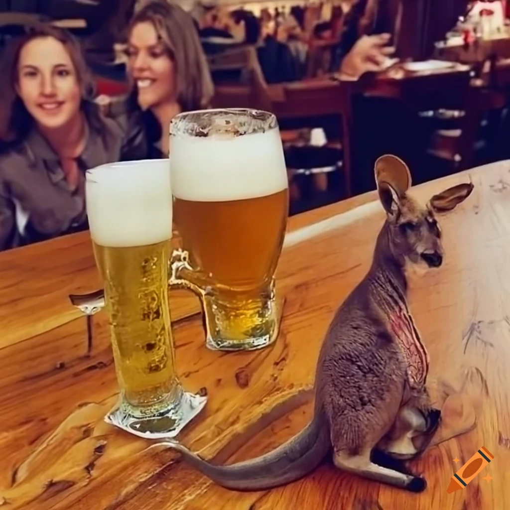 Kangaroos enjoying drinks in a pub on Craiyon