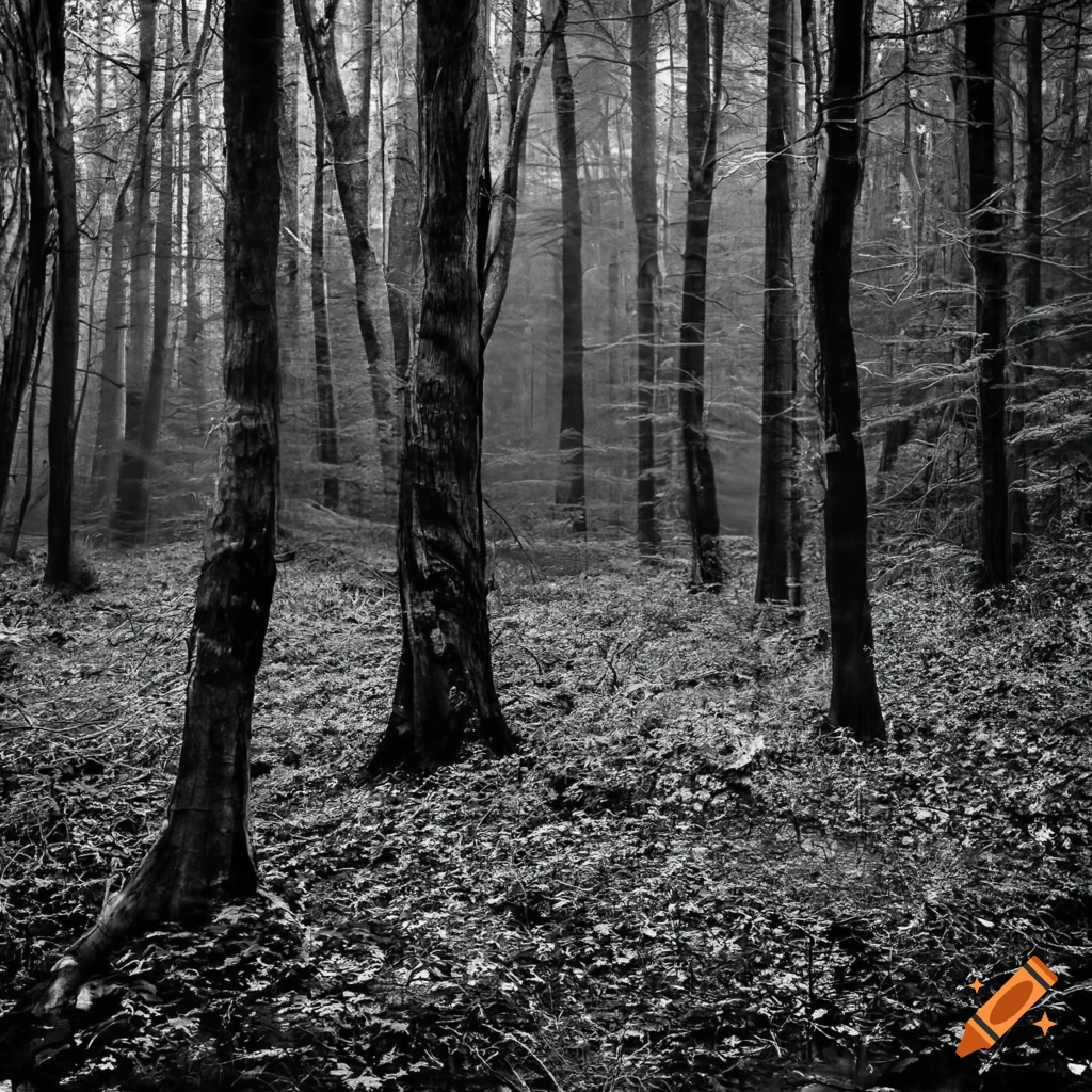 black and white photo of a dense forest