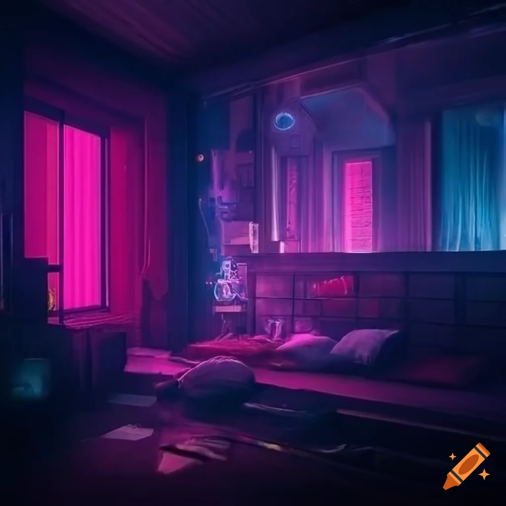 cyberpunk-style bedroom with neon lights and a city view