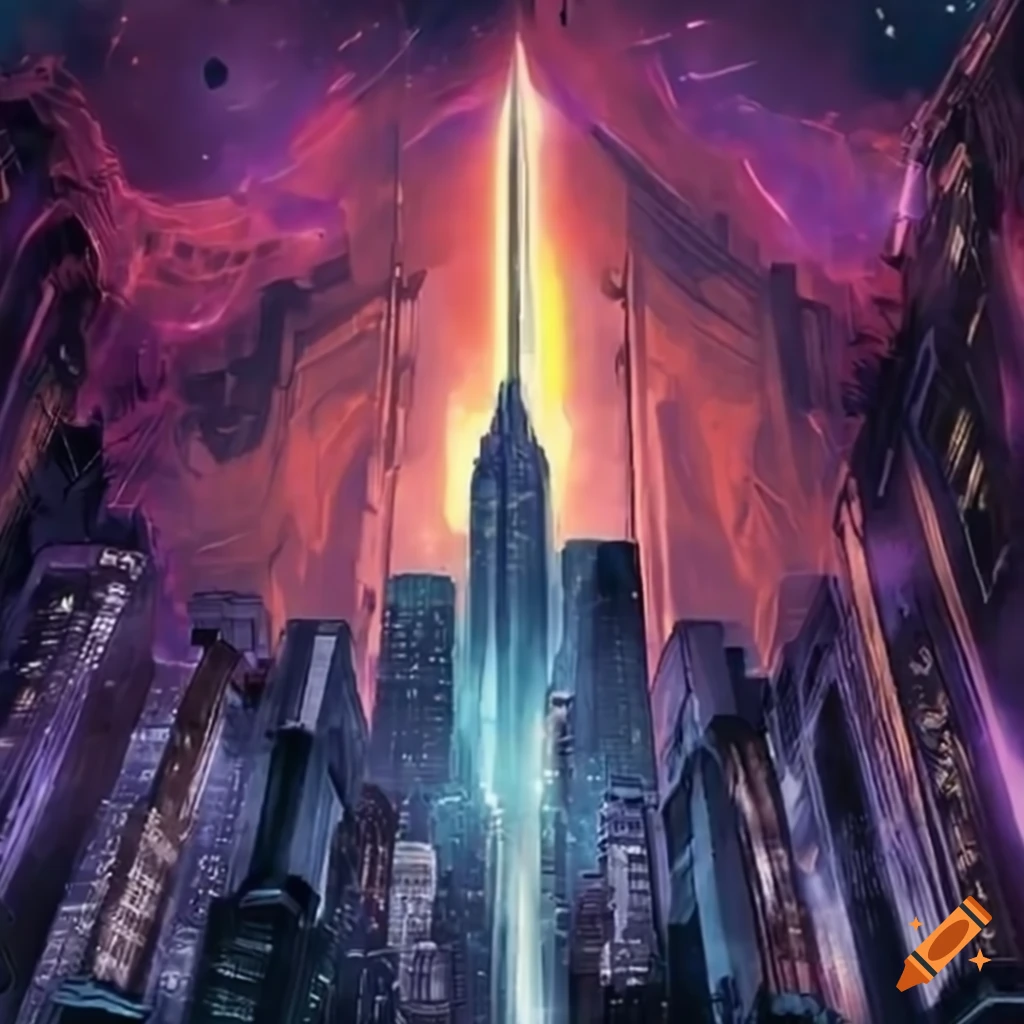 Yugioh card artwork of new york city with a pillar of light