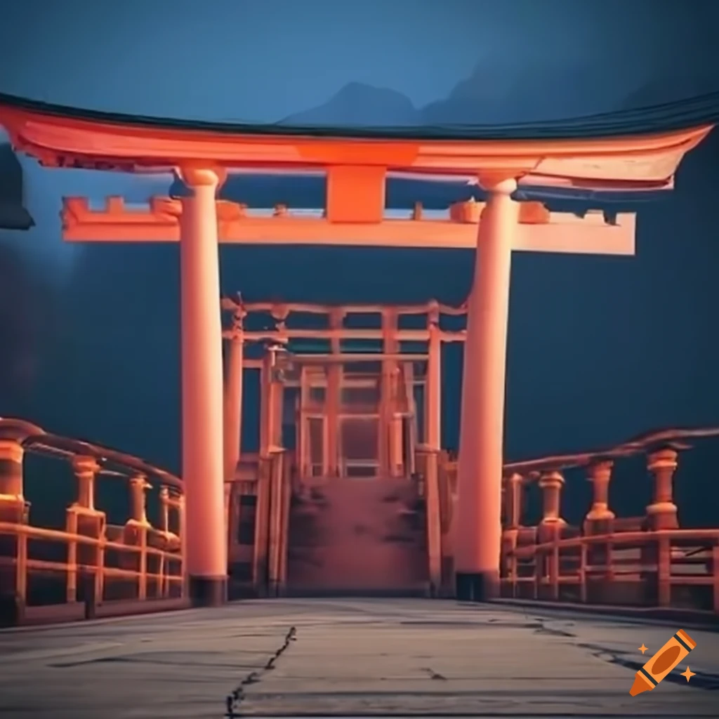 wide angle shot of a futuristic Japanese torii gate