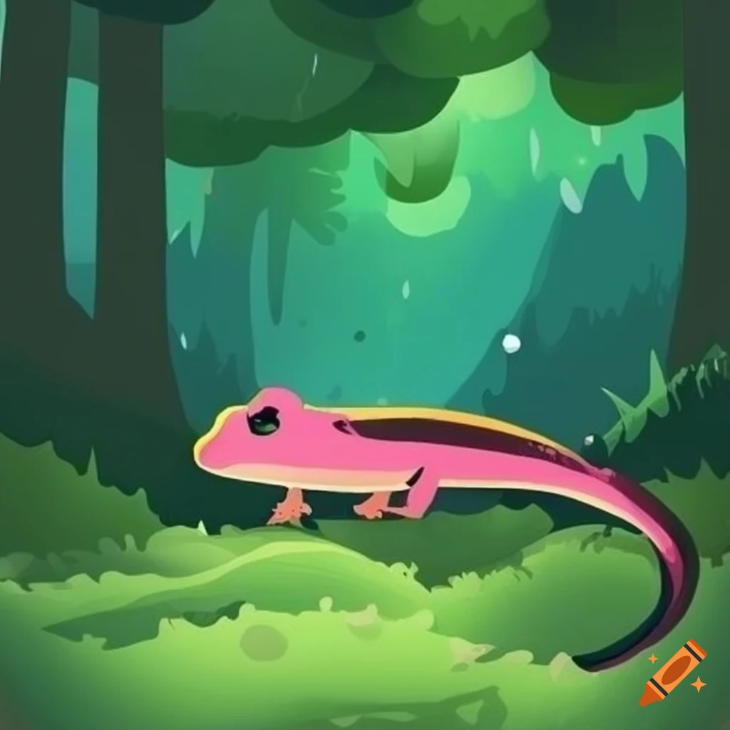 Cartoon image of a cute pink and green newt in the forest on craiyon