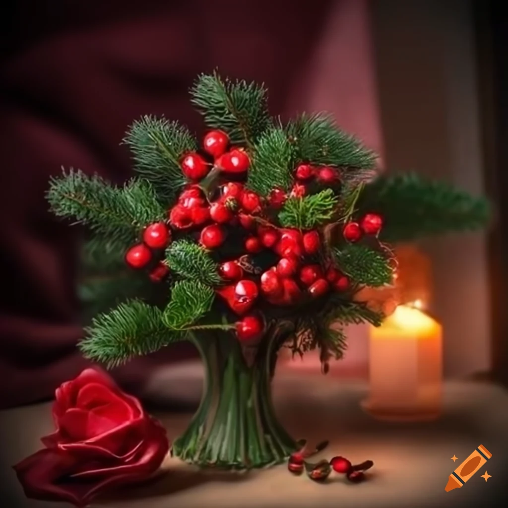 bouquet of holly and fir branch in a cozy Christmas atmosphere