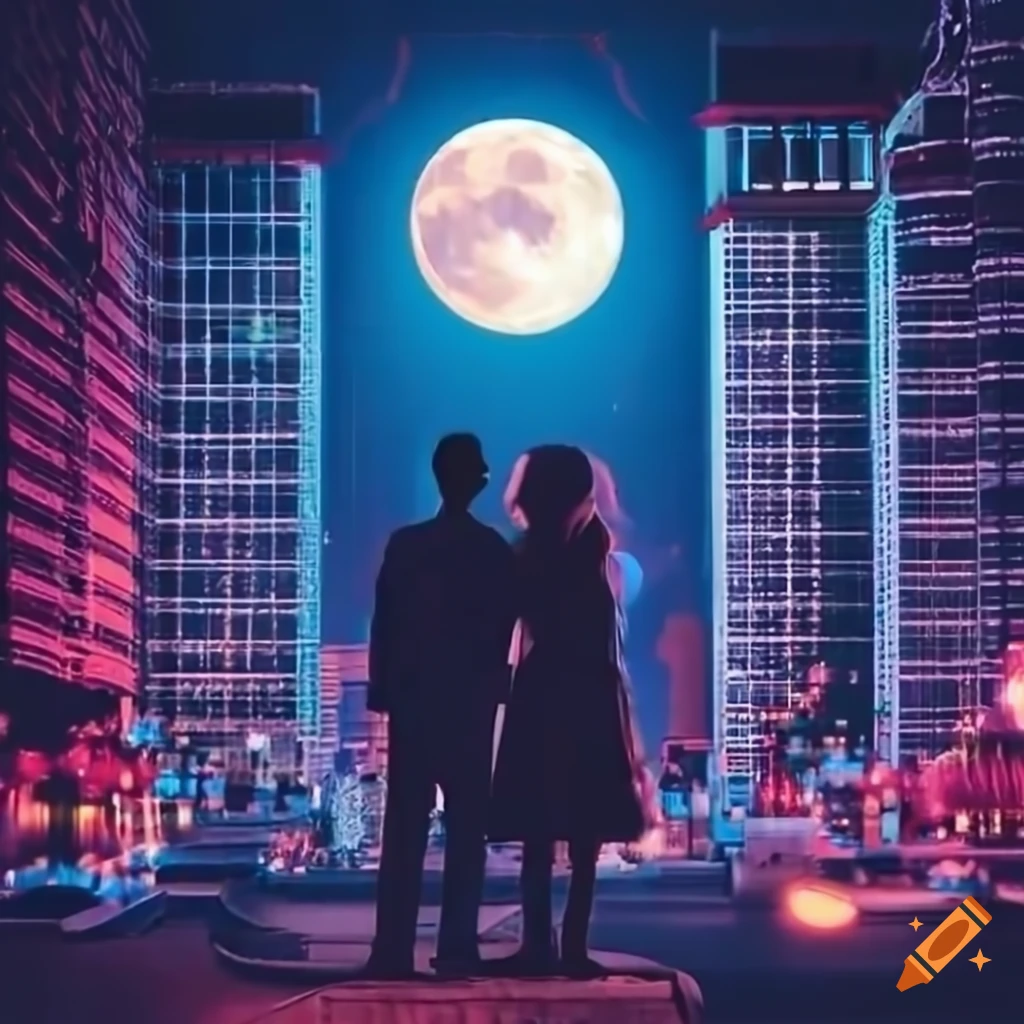 couple celebrating wedding anniversary in city with neon lights