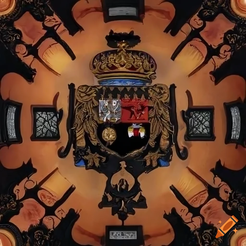coat of arms design with cross, sun, star, and orchid