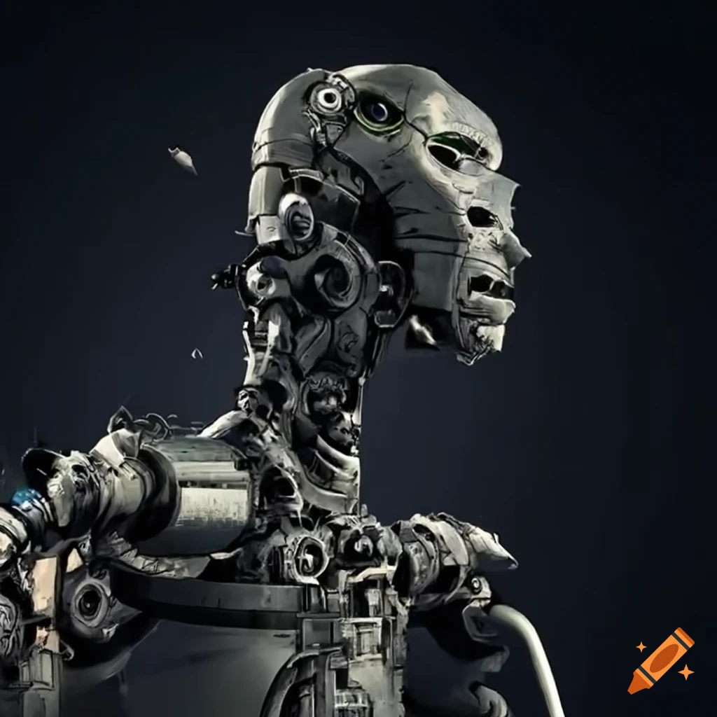technical drawing of a giant robot destroying a factory