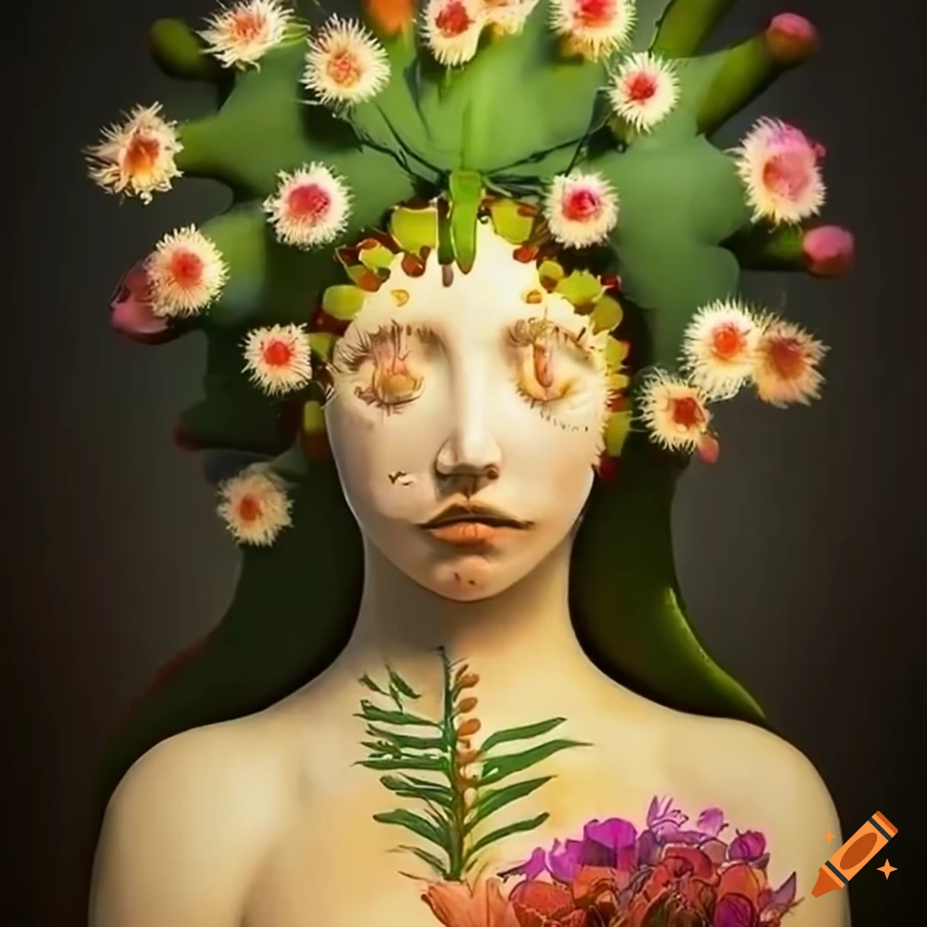 Artwork of a cactus goddess made of plants
