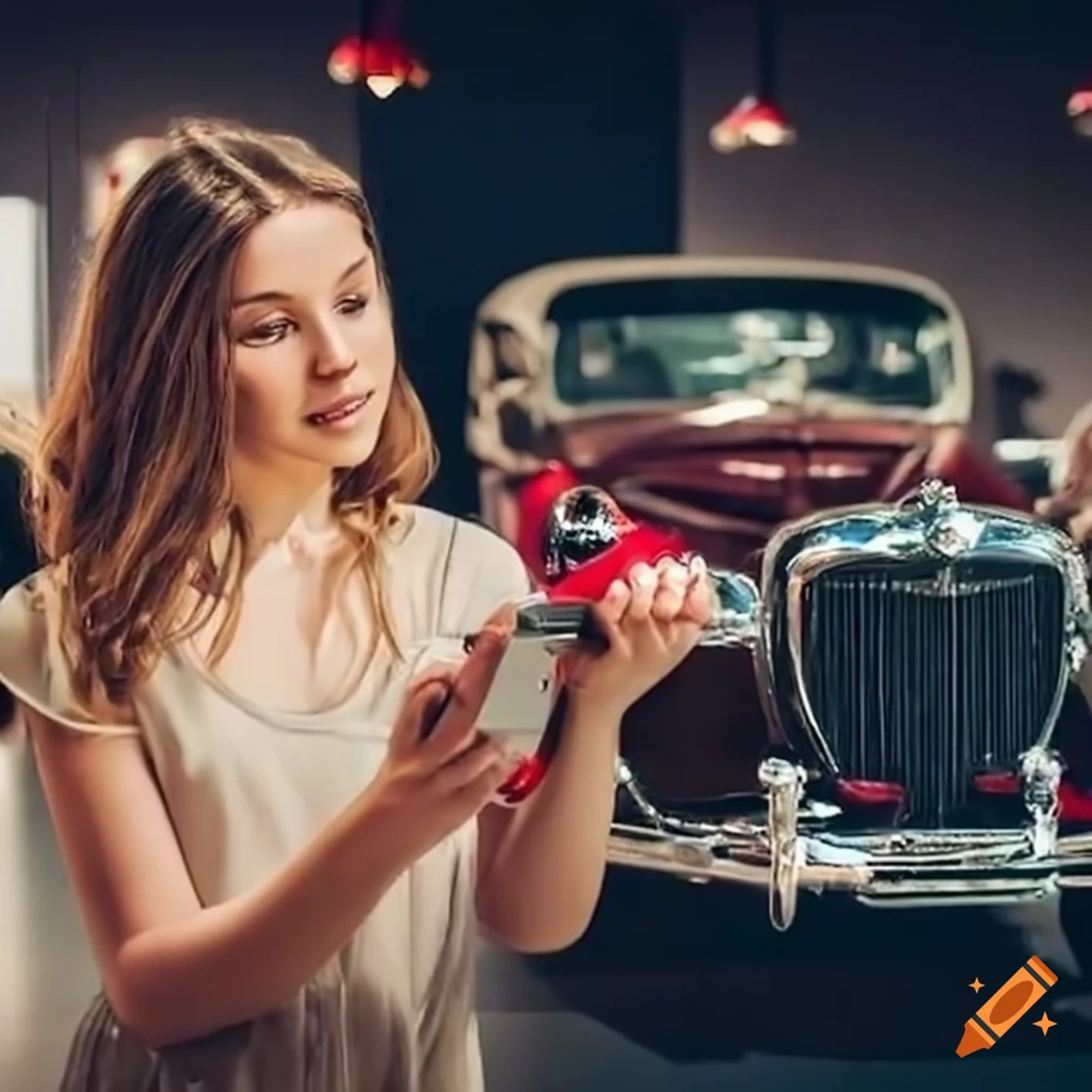 Girl exploring an automobile museum on Craiyon